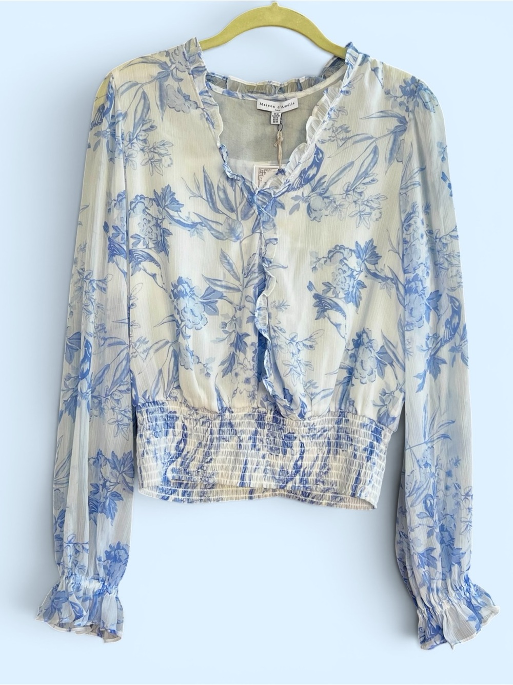 Scotch & Soda Blouse with Blue Floral Toile Print and Smocked Hem